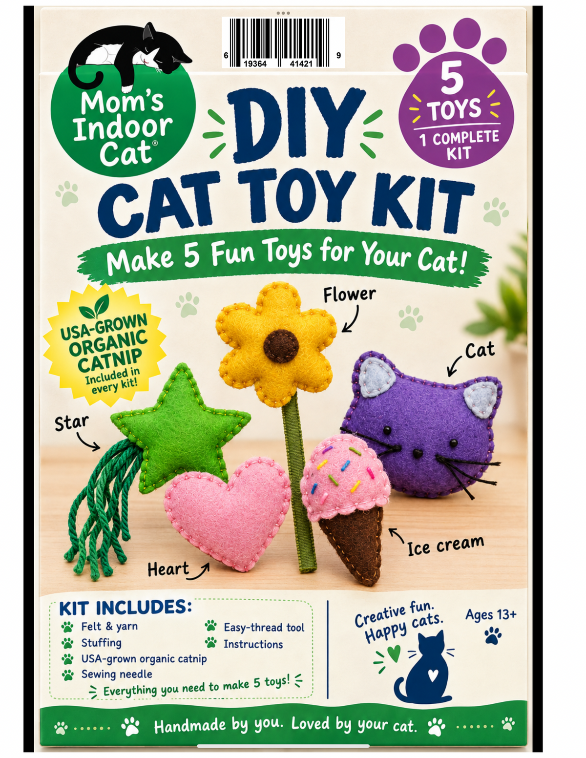 DIY Cat Toy Making Kit - Each Make 5 felt cat toys w/organic catnip