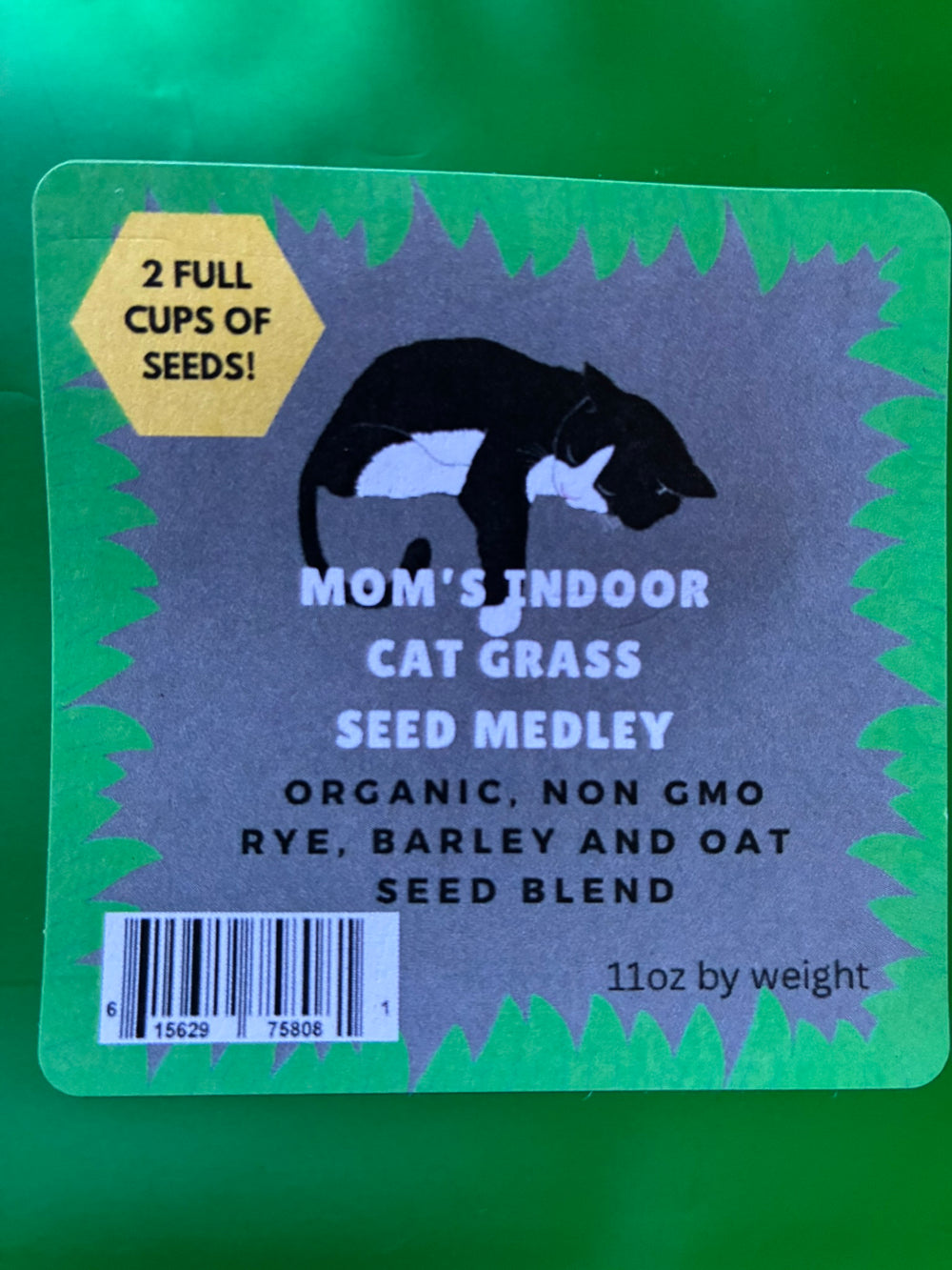 Mom's Indoor Cat organic seed blend package with 2  cups of seed to grow in your own container