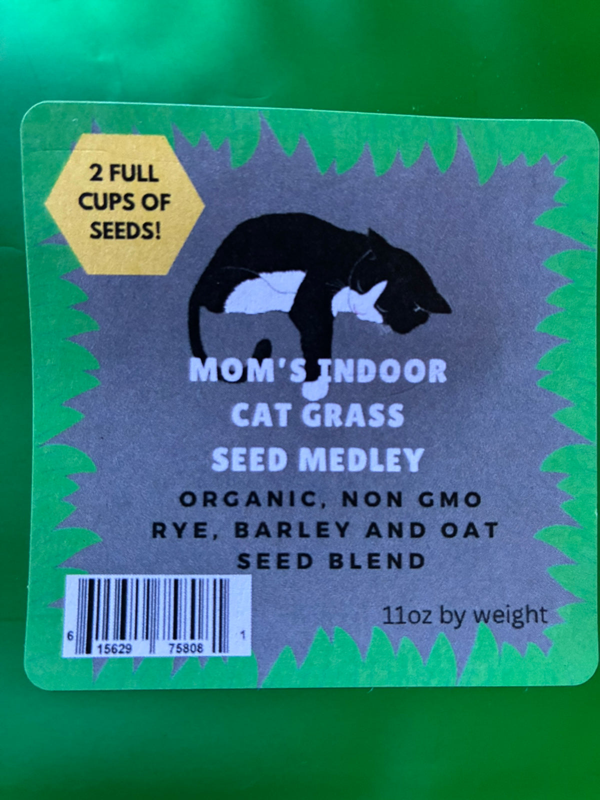 Mom's Indoor Cat organic seed blend package with 2  cups of seed to grow in your own container